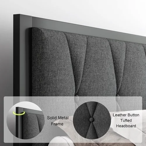 Vista 5 de Feonase Base de cama de metal tamaño Queen con cabecera capitoné con botones de tela, cama de plataforma con listones de metal resistentes, espacio