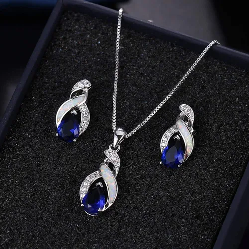 Vista 5 de Set de joyas Hermosa de ópalo para mujer, collar con colgante, pendientes de botón, arcoíris de zafiro, topacio místico, cadena de 45 cm.