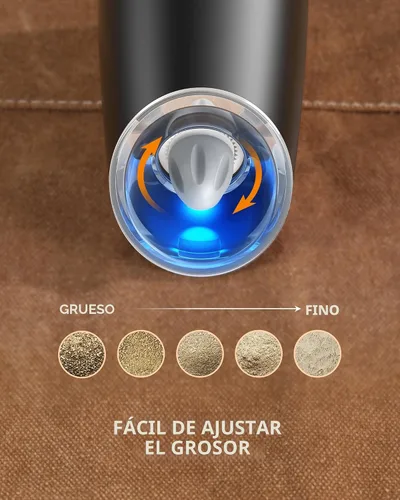 Vista 4 de Sangcon Gravity - Juego de molinillo eléctrico de sal y pimienta con agitador automático, molinillo con luz LED, FUNCIONA CON BATERÍAS, grosor