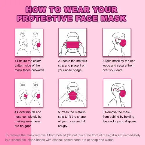 Vista 4 de Paquete de 100 Mascarillas Faciales Desechables/Filtro de Protección de 3 Capas para Hombres y Mujeres Adultos Rosa - 3 capas