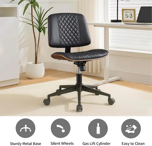 Vista 7 de Silla de escritorio de oficina con ruedas sin brazos, silla de computadora Negro