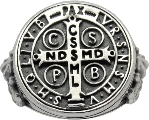 Vista 4 de Anillo de mujer de plata de ley 925 con medalla de San Benito, Fleur de Lis