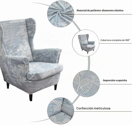 Vista 3 de Wingback - Funda elástica para silla, 2 piezas, con respaldo de ala, funda protectora de muebles impresa, suave con parte inferior elástica para 12