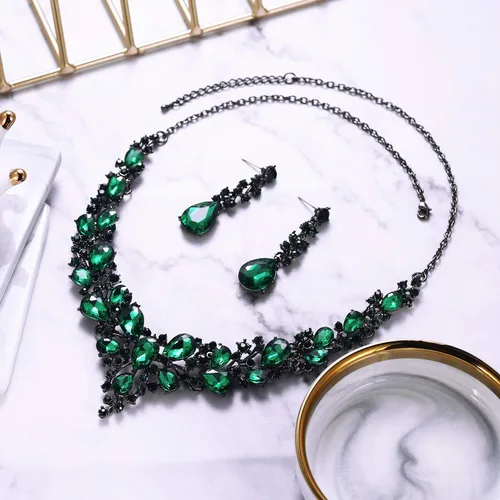 Vista 5 de BriLove - Juego de collar y aretes colgantes, para mujer, collar para impresionar, grupo de lágrima de cristal austriaco, nupcial, para boda.