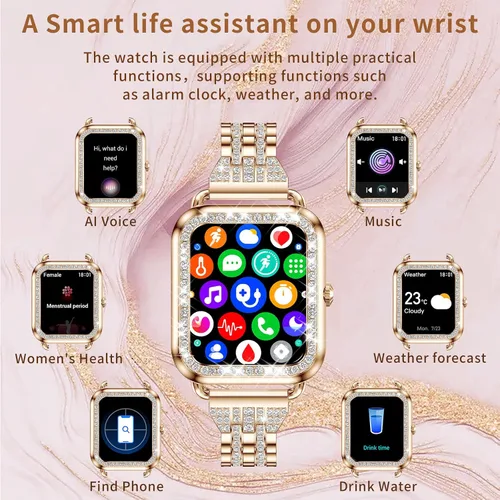 Vista 4 de Relojes inteligentes para mujer con diamantes (respuesta/hacer llamadas), pantalla táctil HD de 1.29 pulgadas, reloj inteligente Android, rastreador