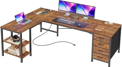 Vista 13 de Huuger Escritorio en forma de L de 55 pulgadas con cajones de tela, escritorio reversible para juegos para computadora con tomas de corriente