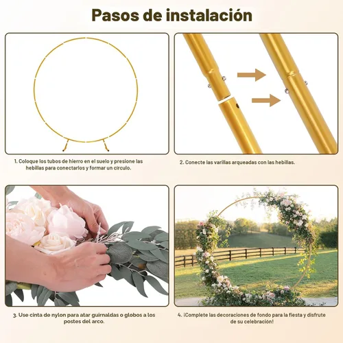 Vista 5 de Chamvis Kit de arco redondo de globos de metal, 2.2m (7.2 pies) Kit de soporte de arco redondo dorado: marco para plantas trepadoras de jardín