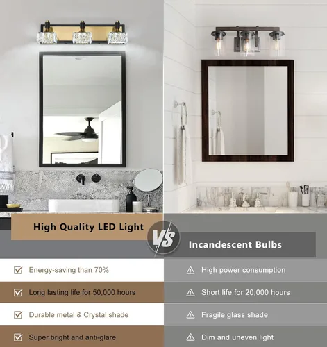 Vista 4 de Lámpara de baño de 3 luces sobre el espejo, luz LED regulable para tocador de baño con pantalla de cristal, lámpara de pared moderna negra y dorada