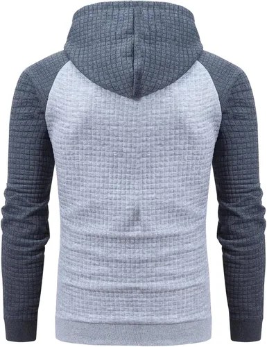 Vista 3 de Sudadera de manga larga para hombre con capucha con cordón de jacquard a cuadros estilo informal y hípster con bolsillo de canguro