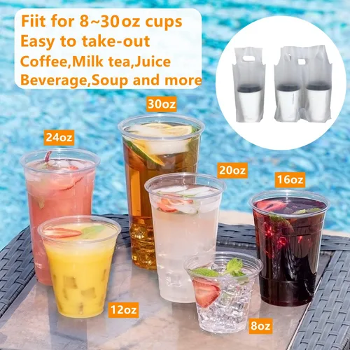 Vista 7 de Elyfree 200 unidades de transportador de bebidas para entrega, transportador de plástico transparente con asa para café/té/jugo, bolsas portátiles