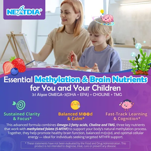 Vista 5 de L-metilfolato de 1000 mcg + gomitas de metilo B12 para niños y adultos – Activo 5-MTHF, con Omega-3 DHA y EPA (3:1), colina y TMG, B6, apoya el gen