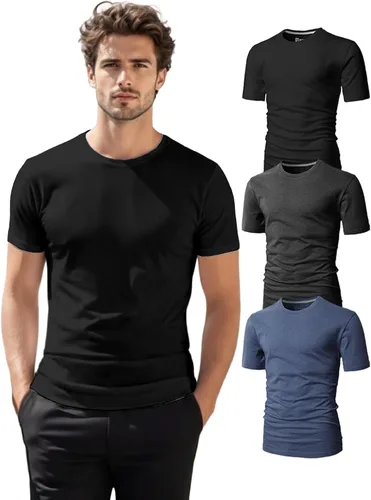 Vista 35 de H2H Camisetas para hombre - Pack de varias unidades, diseño simple, manga corta, ajuste delgado, mezcla de algodón (cuello en V/cuello redondo)