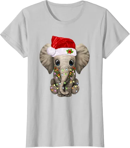 Vista 19 de Lindo elefante de Navidad luz divertido elefante amante de Navidad regalo camiseta Negro