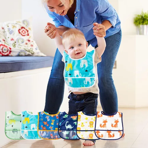 Vista 6 de 6 piezas de baberos impermeables para niños pequeños con bolsillo recogemigas, juego de baberos para bebés con ajuste para dientes de leche, baberos
