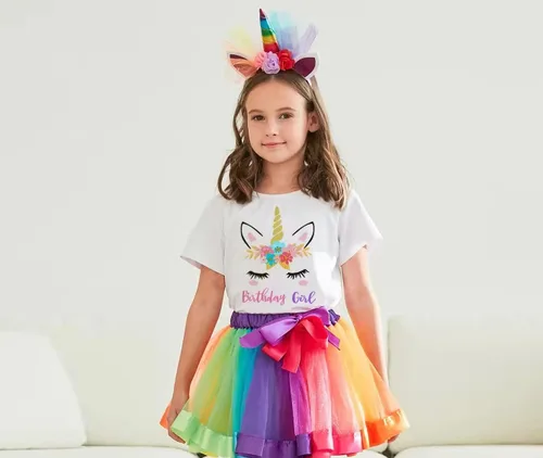 Vista 2 de Doctor Unicorn Conjunto de cumpleaños para niñas, vestido con falda de tutú, camiseta de unicornio, diadema y banda de satén