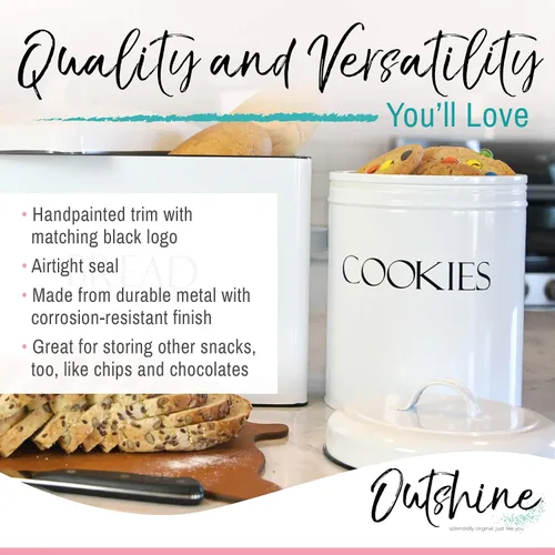 Vista 4 de OUTSHINE Tarro de galletas blanco con tapas herméticas Vintage Mostrador de cocina decorativo para encimera de granja, recipiente de metal