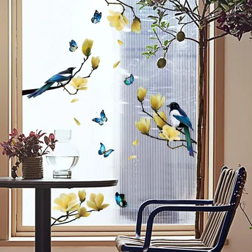 Vista 2 de Ohmywor 32 calcomanías de ventana de resorte de mariposa con diseño de pájaros en ramas de magnolia anticolisión para ataques de pájaros