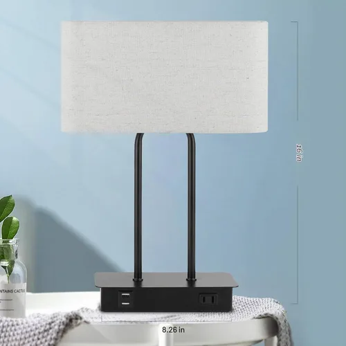 Vista 8 de Lámpara de mesa con control táctil y puertos de carga USB duales, 1 salida de CA, lámpara de mesita de noche moderna regulable de 3 vías con Crema