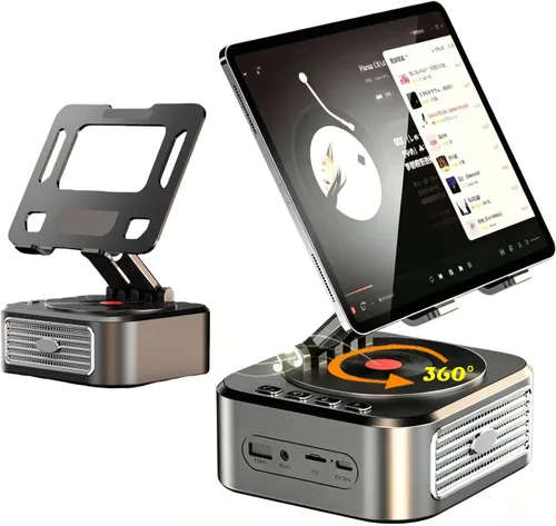 Vista 5 de Soporte de tableta giratorio de 360° doble para escritorio con base de acero al carbono, soporte para tableta de mesa con doble varilla ajustable