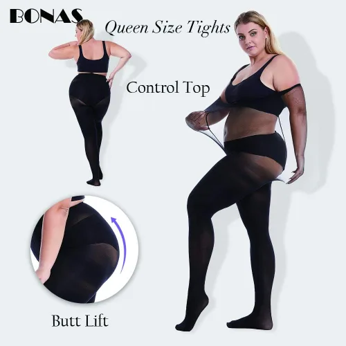 Vista 2 de BONAS Medias con pies de talla grande Paquete de 3 medias rectas con entrepierna tamaño Queen, medias transparentes y opacas, para mujeres gorditas