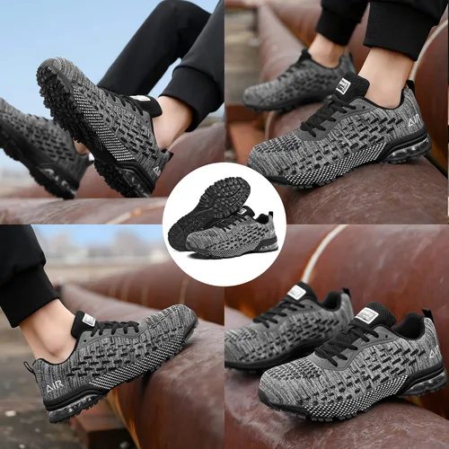 Vista 6 de HiHatide - Zapatos con punta de acero para hombre, zapatos de trabajo, zapatos de seguridad, con amortiguación de aire, ligeros, antideslizantes