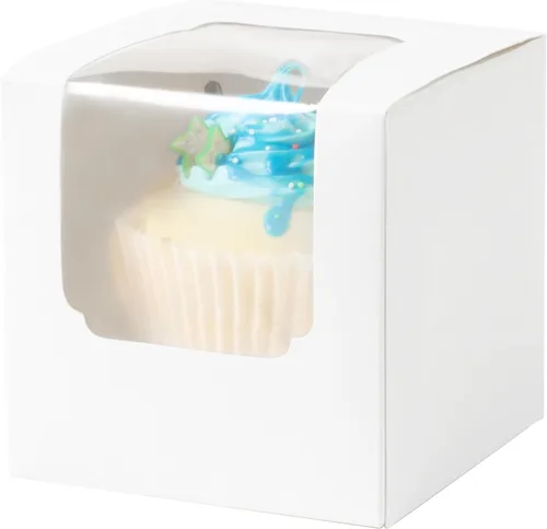 Vista 7 de 25 unidades de recipientes blancos individuales para cupcakes con insertos de ventana, asa para cajas de dulces de boda (25P-marrón)