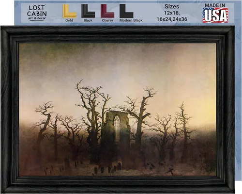 Vista 11 de Caspar David Friedrich - Cabaña perdida La abadía en el bosque de roble Marco plano negro de impresión de 12 x 18 pulgadas Reproducción