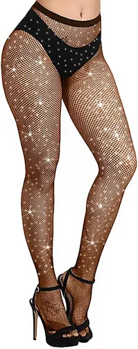 Vista 9 de Betteraim Medias de red con diamantes de imitación para mujer, medias de red brillantes para carnaval con purpurina Negro
