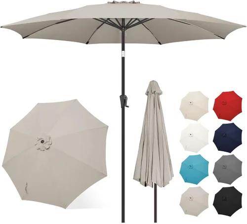 Vista 14 de FLAME&SHADE Sombrilla de patio de 11 pies, sombrilla de mesa para exteriores con botón de inclinación y manivela, protección UV, 8 varillas