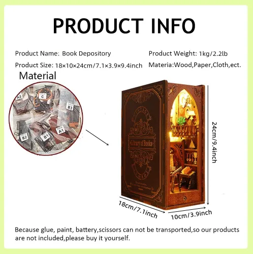 Vista 3 de Soporte de madera 3D para libros, rompecabezas DIY casa de muñecas sujetalibros de madera, kit de construcción con luz LED para adultos