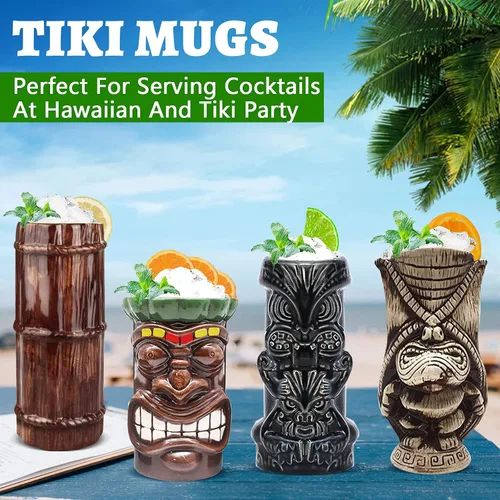 Vista 3 de LINALL Tiki Mugs - Juego de 8 tazas de cóctel de cerámica hawaiana Luau para fiesta, vasos de cóctel exóticos, Tiki Bar profesional hawaiano