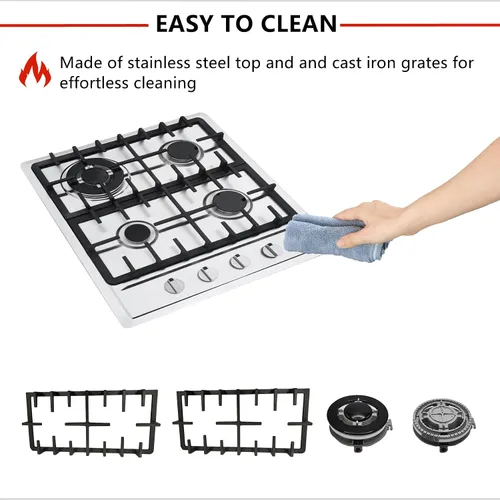 Vista 5 de Estufa de gas de 4 quemadores, estufa de gas de 23 pulgadas, de acero inoxidable, cocina de gas incorporada, cocina de gas natural plateada