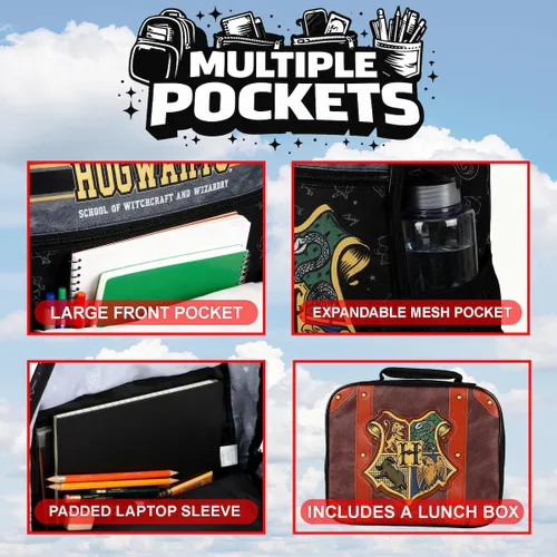 Vista 3 de Bioworld Harry Potter Hogwarts - Mochila infantil de 2 piezas de 16 pulgadas con kit de almuerzo inspirado en el baúl