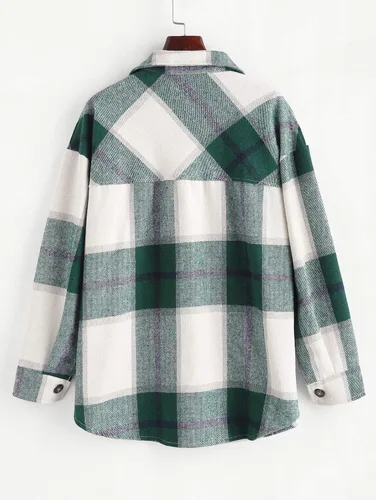 Vista 3 de ZAFUL Camisa de manga larga a cuadros para mujer, mezcla de lana con botonadura, chaqueta fina, blusa casual con bolsillo.