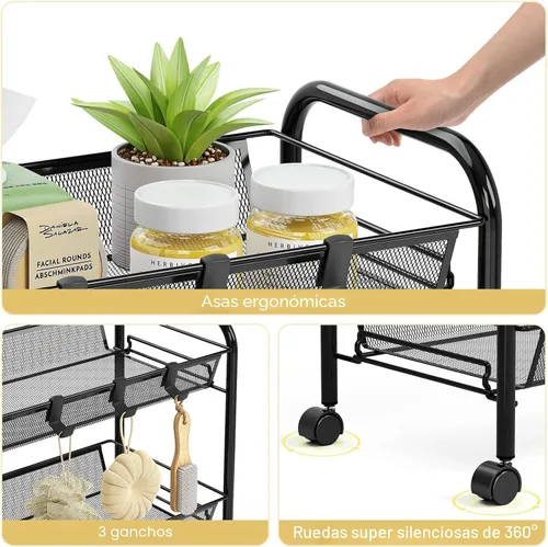 Vista 5 de TOOLF - Carrito con ruedas de 3 niveles, carrito de almacenamiento de metal Negro