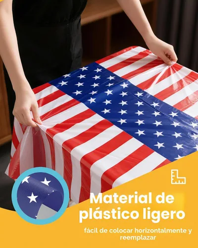 Vista 3 de Mantel de bandera estadounidense, paquete de 4 manteles patrióticos desechables de 54 x 108 pulgadas para mesas de 6 pies, decoraciones del 4