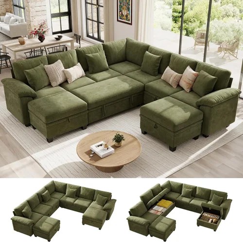 Vista 29 de Ihanherry Sofá modular de 86 pulgadas con cama extraíble, sofá cama modular en forma de L de 4 plazas con otomana de almacenamiento, sofás Verde