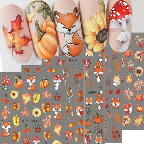 Vista 27 de 8 hojas de calcomanías de uñas de Halloween con diseños de fantasmas lindos, calabaza, araña, telaraña, sangre, llama 3D, autoadhesivas, Otoño