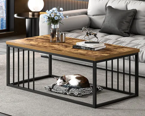 Vista 3 de FOLUBAN Mesa de café, moderna mesa de sala de estar de madera y metal, mesa de té rectangular industrial, marrón rústico, 43.3 pulgadas