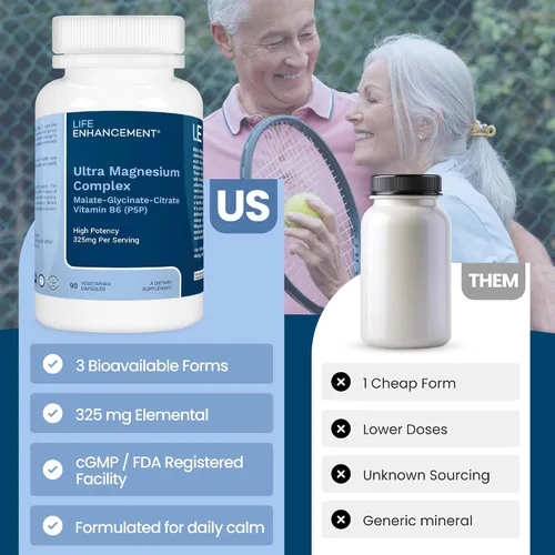 Vista 4 de Life Enhancement Complejo de magnesio ultra triple – 325 mg – con B6, glicinato, malato y citrato – Suplemento de magnesio mejora el sueño