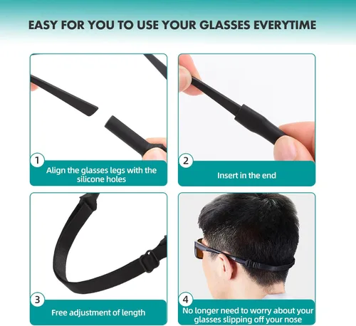 Vista 6 de 4 correas de soporte para gafas, tela elástica sin cola para gafas, cordón para el cuello, ajustable para lentes de sol deportivos y soporte