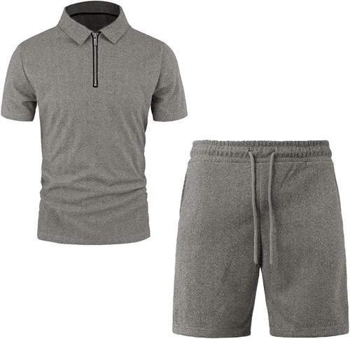 Vista 5 de Wangdo Conjunto deportivo de 2 piezas de camisa polo y pantalones cortos para hombre, trajes de verano casuales de manga corta con cremallera