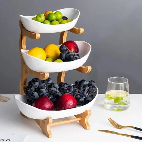 Vista 5 de YYW Cesta de frutas de cerámica de 3 niveles para almacenar frutas y verduras con soporte de frutas de porcelana de madera de bambú para encimera