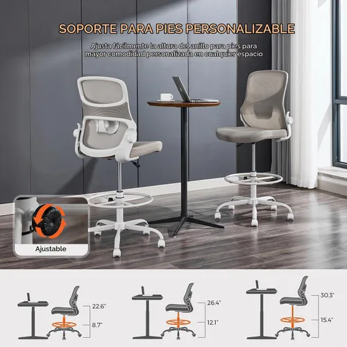 Vista 7 de Silla de dibujo sin brazos, silla de oficina alta con anillo ajustable para el pie y soporte lumbar, silla de escritorio alta de malla ergonómica