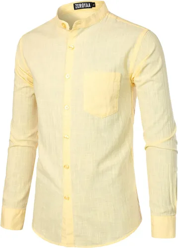 Vista 3 de ZEROYAA Camisas de manga larga de algodón y lino para hombre, con cuello de bandas, con botones, ligeras, para la playa, con bolsillo