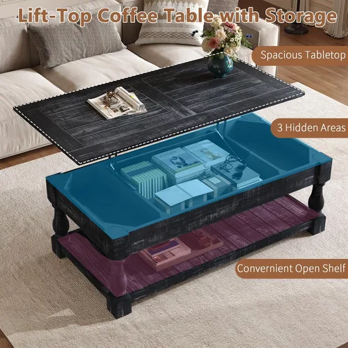 Vista 6 de Henf Mesa auxiliar elevable con almacenamiento, mesas de centro de madera maciza de 47.24 pulgadas con parte superior elevable, 3 bandejas