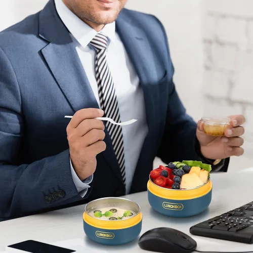 Vista 6 de Dandat Juego de 3 recipientes de almuerzo aislados portátiles para adultos y niños, caja Bento apilable de acero inoxidable para comida caliente