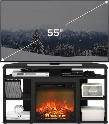 Vista 3 de Furinno Jensen - Soporte esquinero para TV de hasta 55 pulgadas, con chimenea, estilo americano