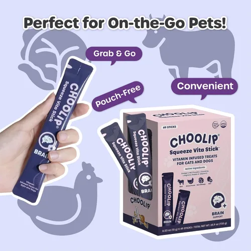 Vista 3 de Choolip Golosinas Vita Stick para lamer para gatos y perros, paquete de variedad de apoyo cerebral de 49 unidades, pollo y atún con DHA, CoQ10
