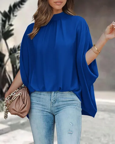 Vista 10 de BTFBM Blusas de verano para mujer, cuello alto falso, manga murciélago, holgadas, dobladillo alto y bajo, blusas informales de gran